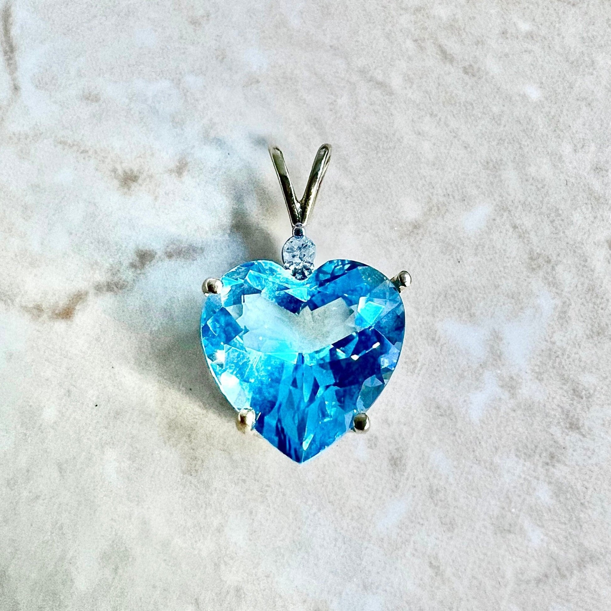 14K Blue Topaz & Diamond Heart Pendant Necklace - Yellow Gold Blue Topaz Pendant - Blue Topaz Heart Necklace - November December Birthstone