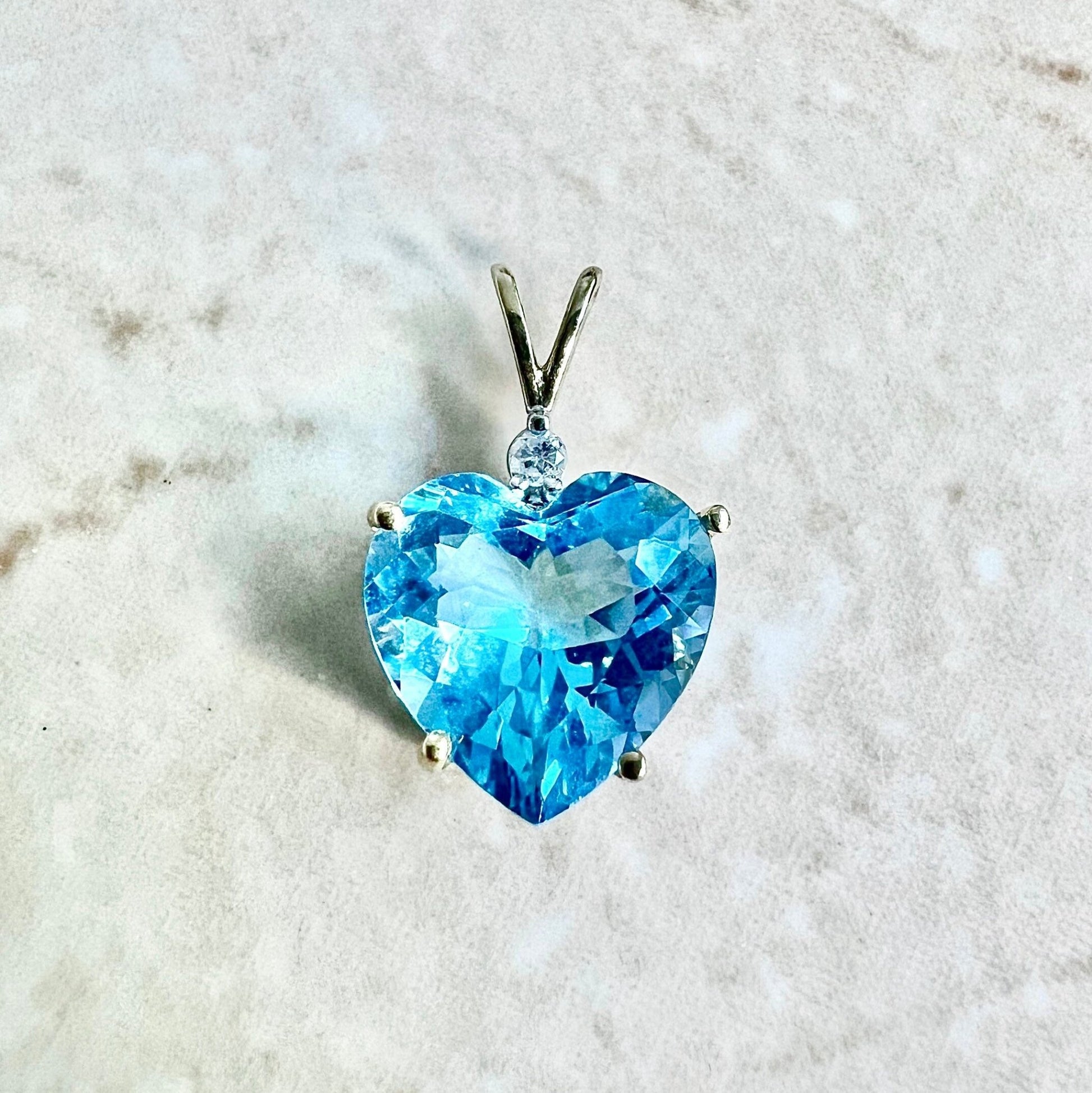 14K Blue Topaz & Diamond Heart Pendant Necklace - Yellow Gold Blue Topaz Pendant - Blue Topaz Heart Necklace - November December Birthstone