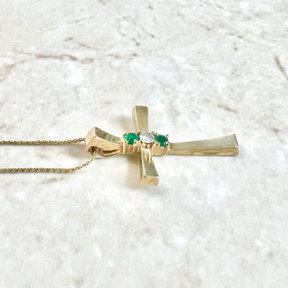 14 Karat Yellow Gold Diamond & Emerald Cross Pendant Necklace - WeilJewelry