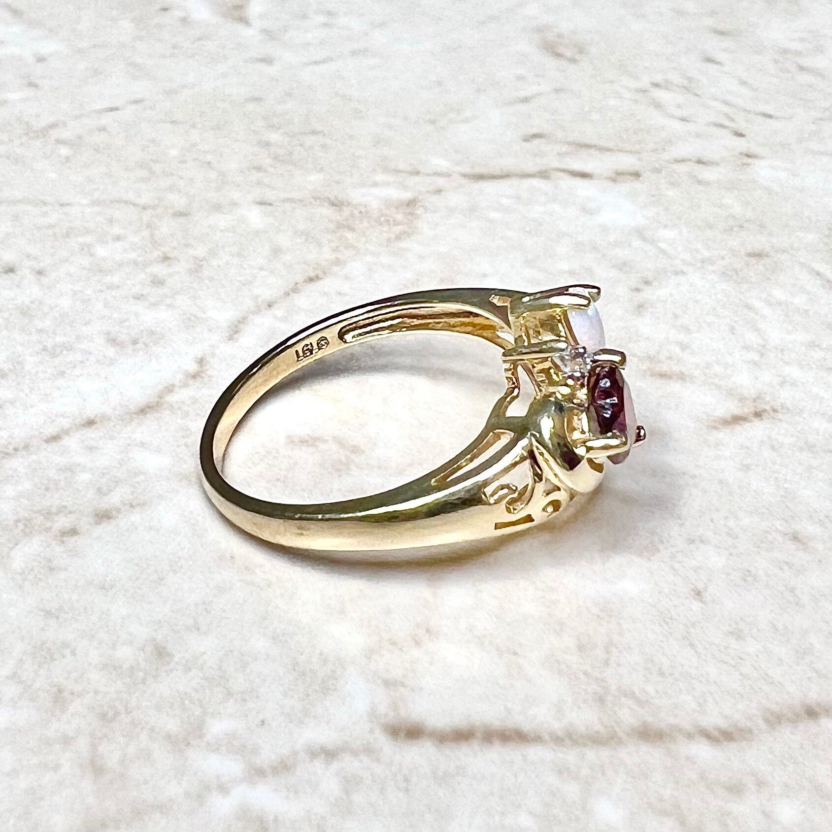 14 Karat Yellow Gold Diamond, Opal & Garnet Heart Ring - WeilJewelry