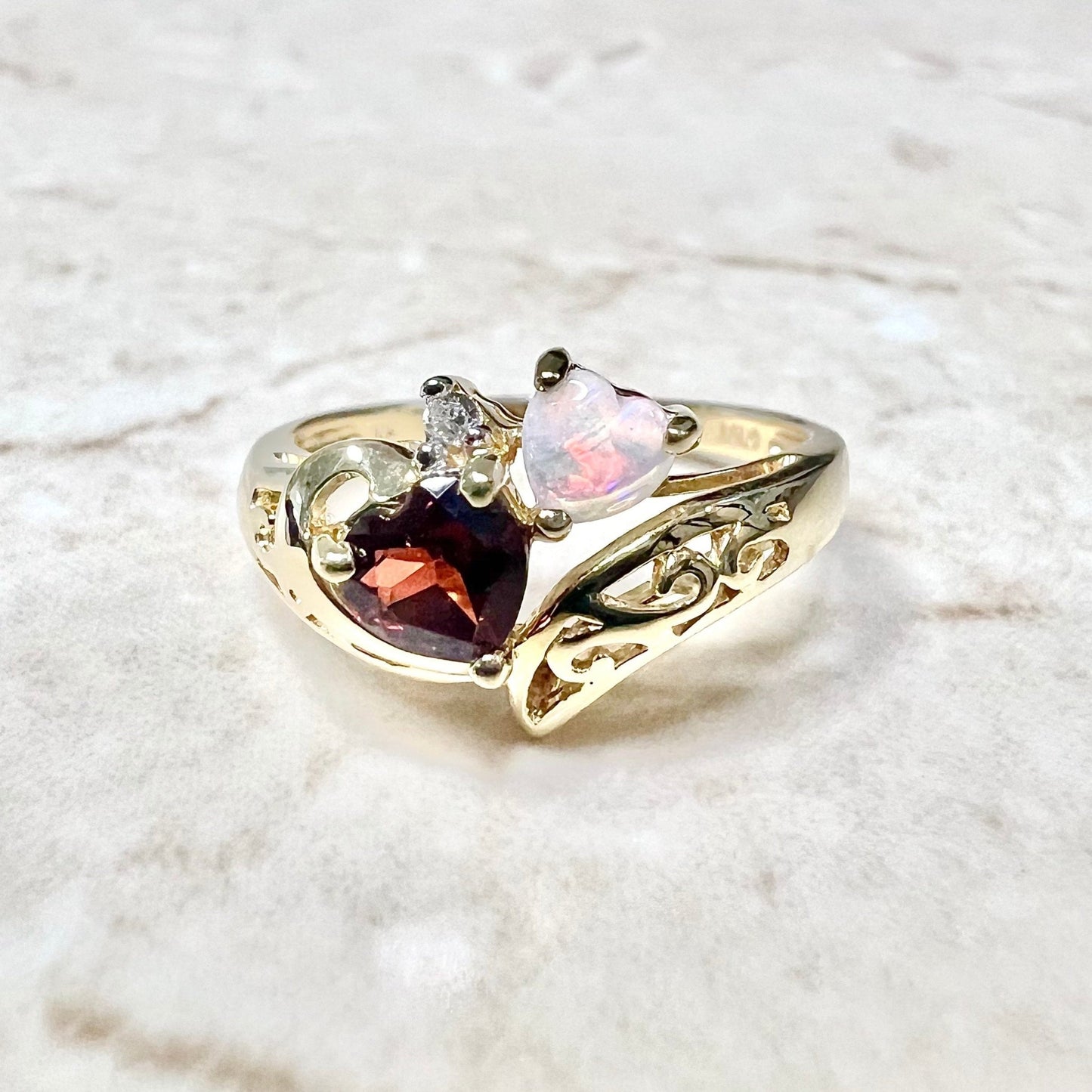 14 Karat Yellow Gold Diamond, Opal & Garnet Heart Ring - WeilJewelry