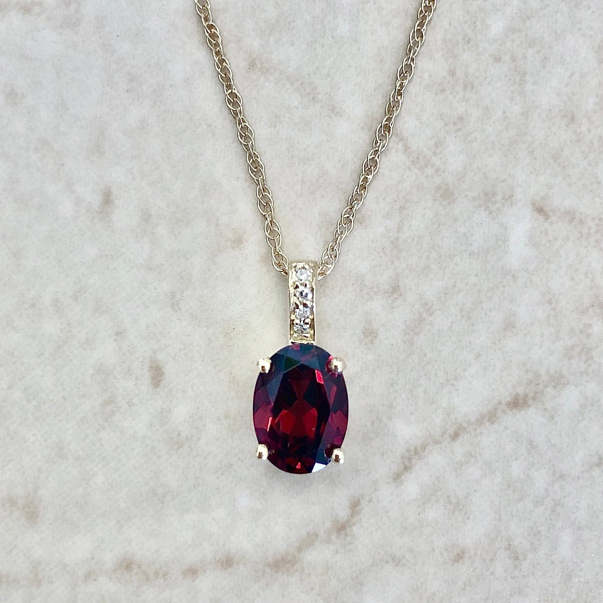14K Garnet & Diamond Pendant Necklace - Yellow Gold - Oval Garnet January Birthstone - Genuine Gemstone - 18” Chain - Birthday Gift