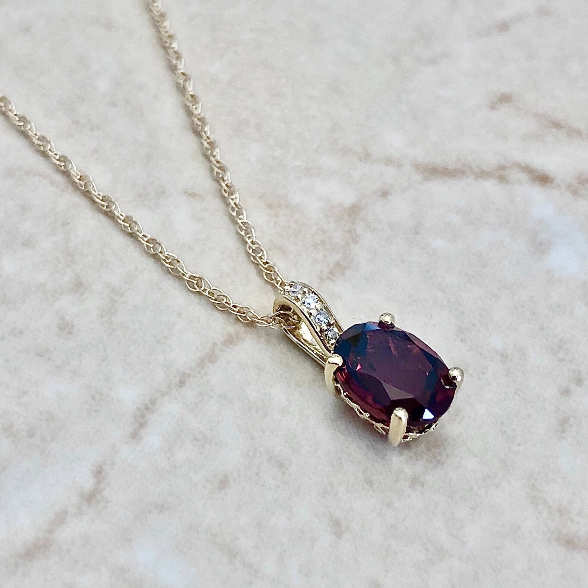 14K Garnet & Diamond Pendant Necklace - Yellow Gold - Oval Garnet January Birthstone - Genuine Gemstone - 18” Chain - Birthday Gift