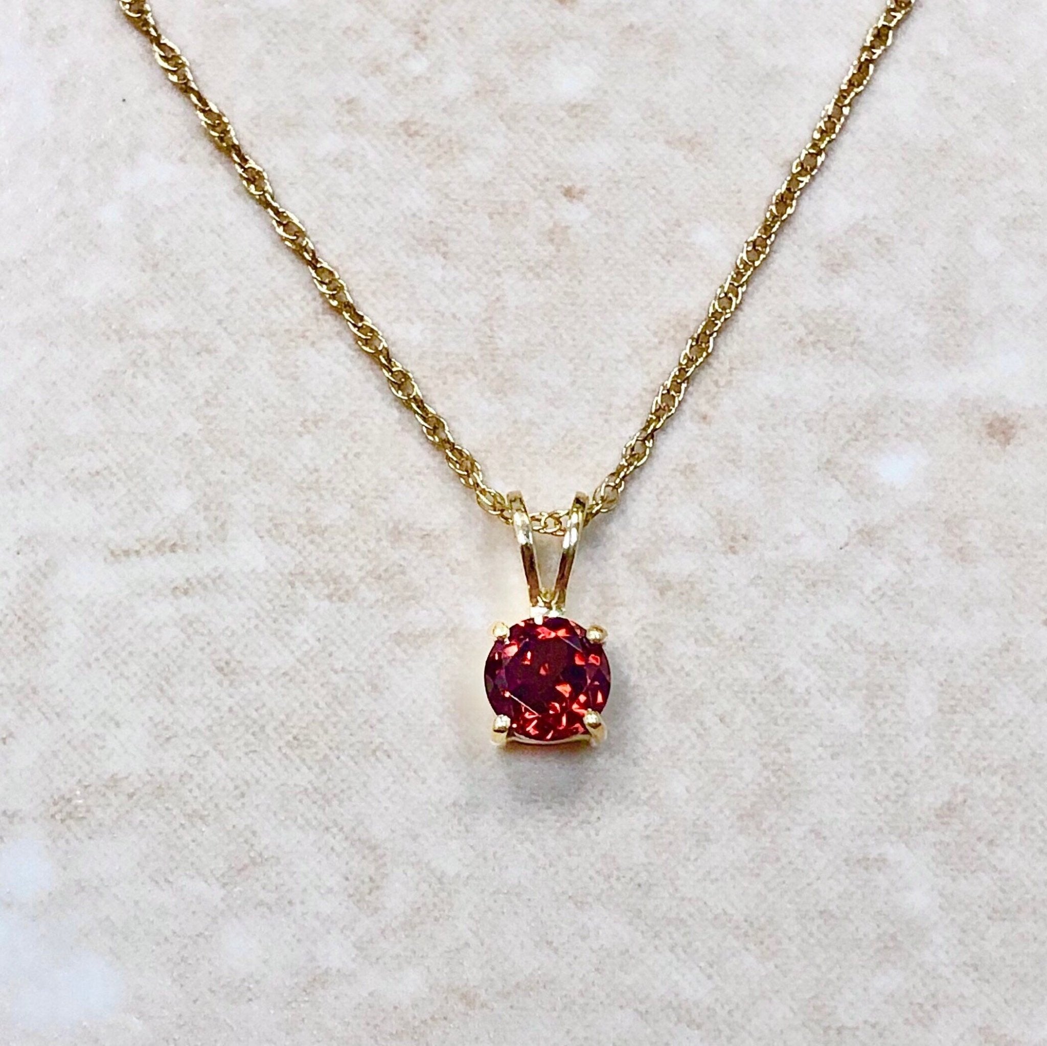 14 Karat Yellow Gold January Birthstone Natural Round Garnet Solitaire  Pendant Necklace