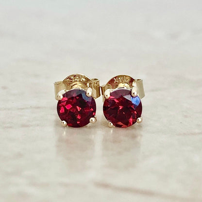 Round Garnet Stud Earrings - January Birthstone - 14 Karat Yellow Gold - Genuine Gemstone - Push Backs - Birthday Gift