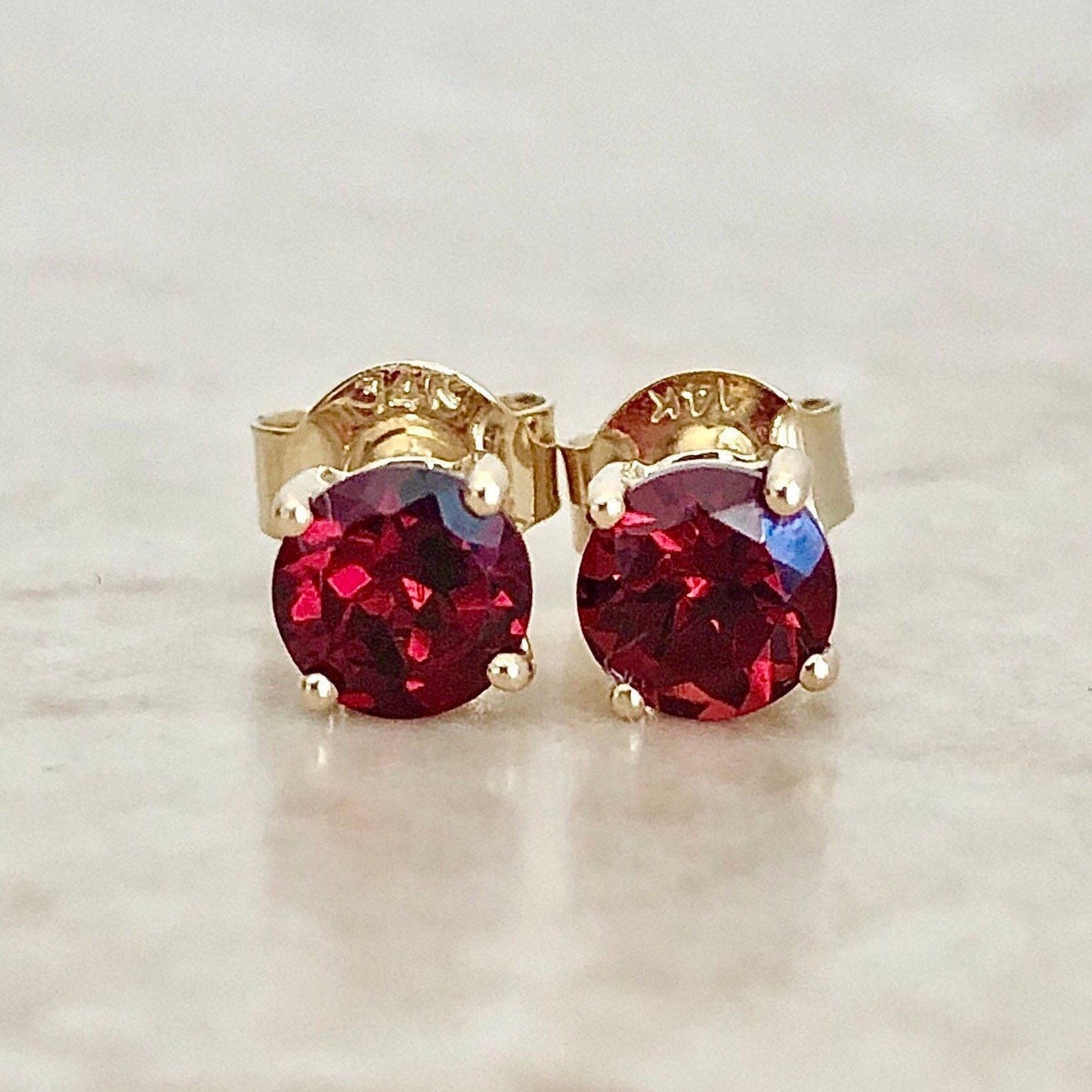 Round Garnet Stud Earrings - January Birthstone - 14 Karat Yellow Gold - Genuine Gemstone - Push Backs - Birthday Gift