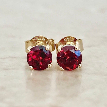 Round Garnet Stud Earrings - January Birthstone - 14 Karat Yellow Gold - Genuine Gemstone - Push Backs - Birthday Gift