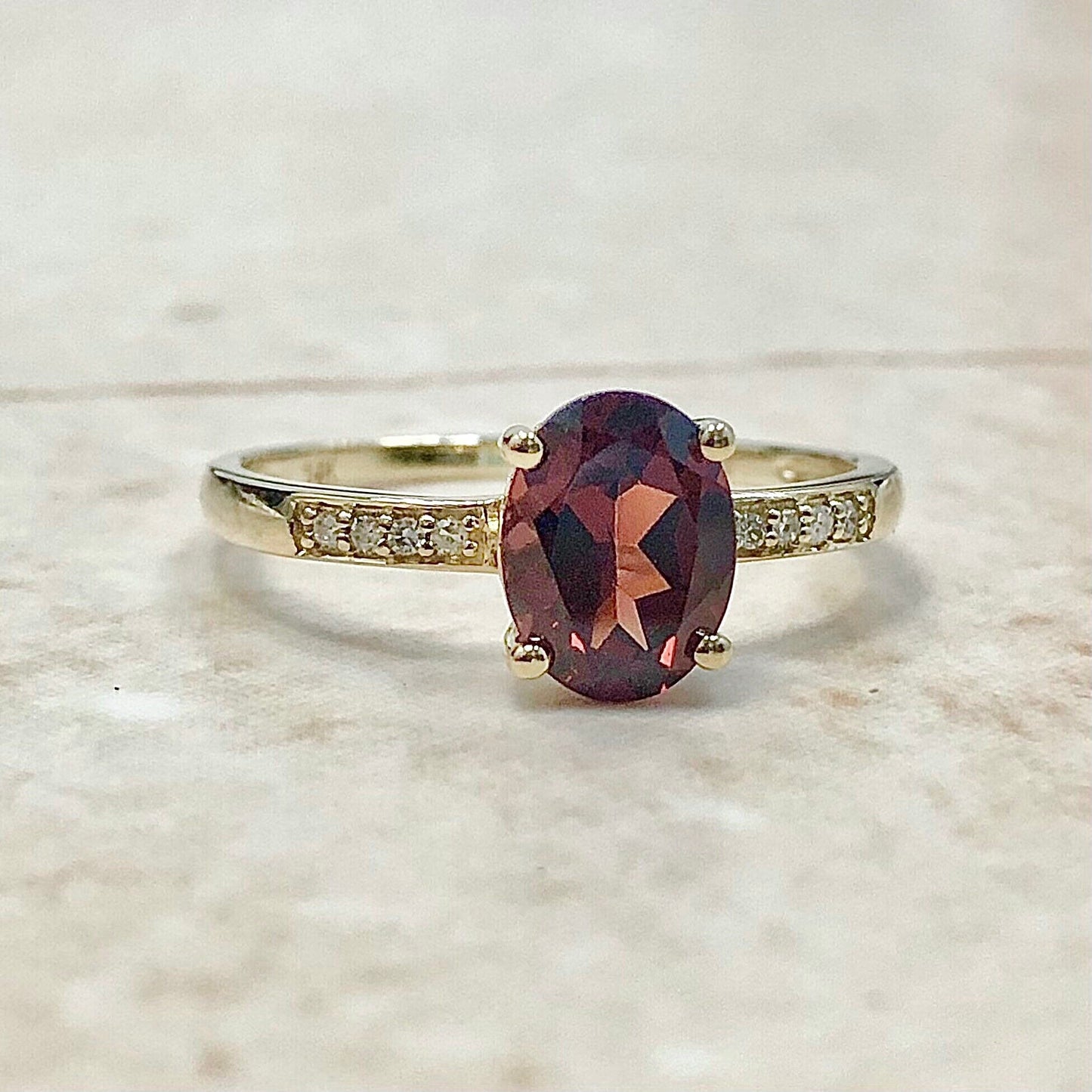 14K Oval Garnet & Diamond Ring - Yellow Gold Garnet Solitaire Ring - January Birthstone - Birthday Gift - Best Gift For Her - On Sale