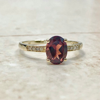 14K Oval Garnet & Diamond Ring - Yellow Gold Garnet Solitaire Ring - January Birthstone - Birthday Gift - Best Gift For Her - On Sale