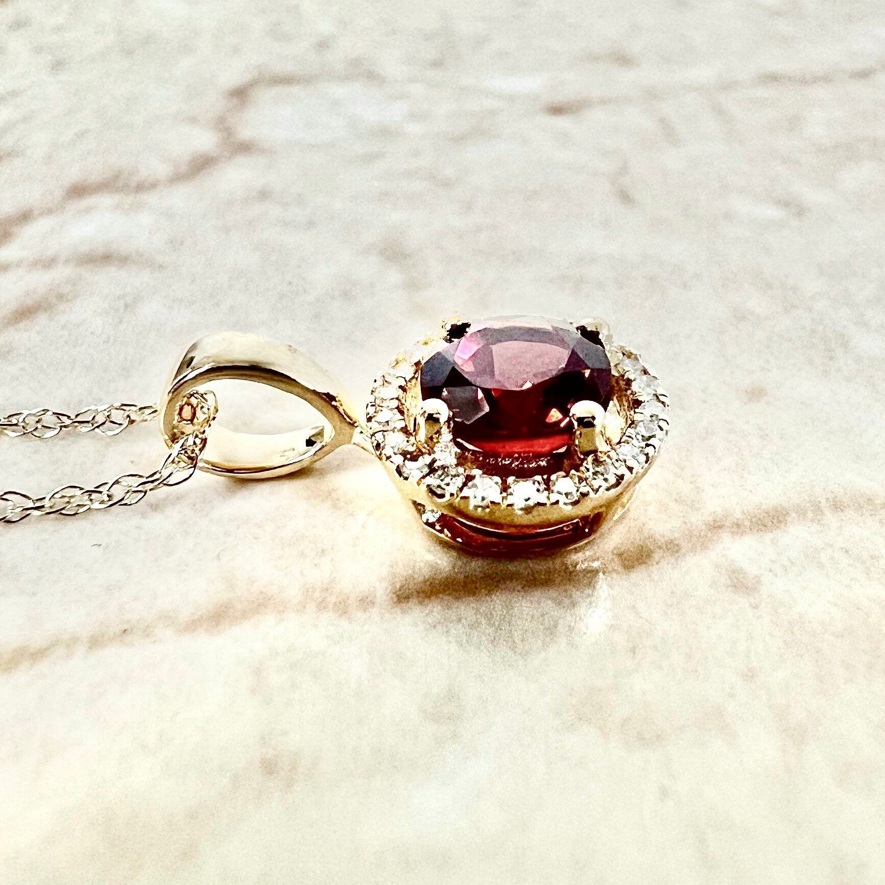 14K Round Garnet Halo Pendant Necklace - Yellow Gold Garnet Necklace - Garnet Halo Necklace - Garnet Pendant - January Birthstone Gift