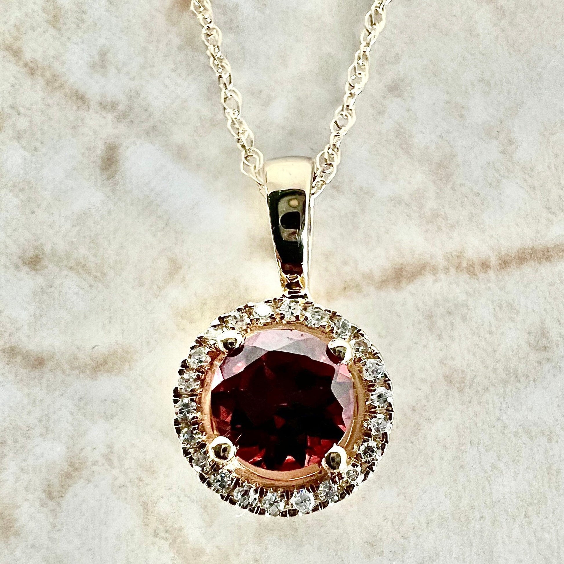 14 Karat Yellow Gold January Birthstone Round Garnet & Diamond Halo Pendant Necklace - WeilJewelry