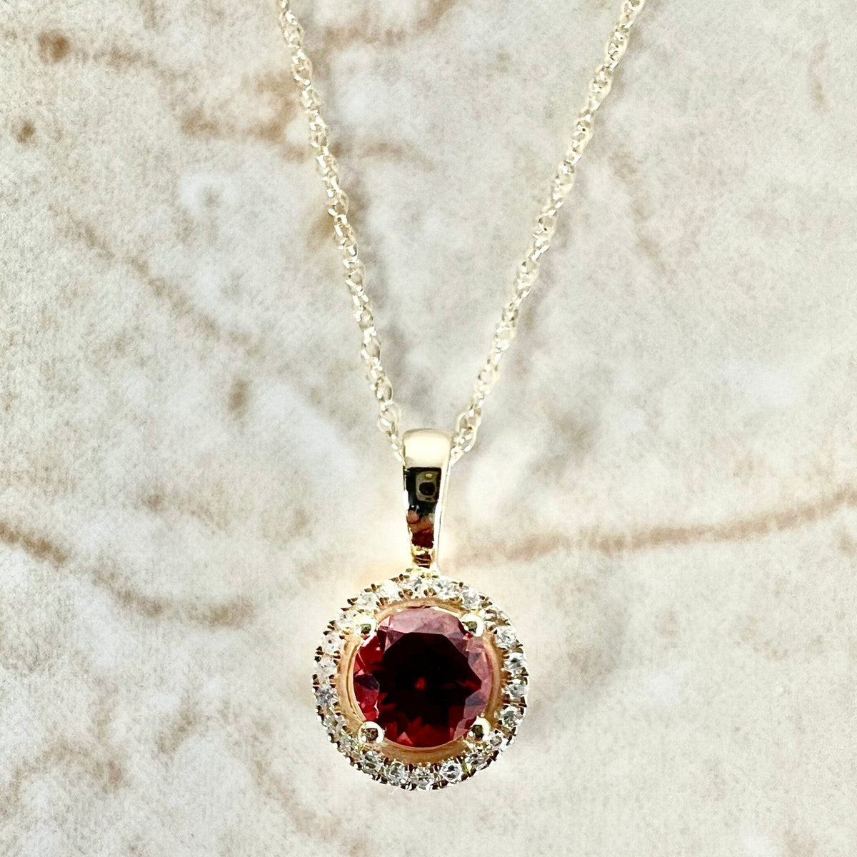 14 Karat Yellow Gold January Birthstone Round Garnet Diamond