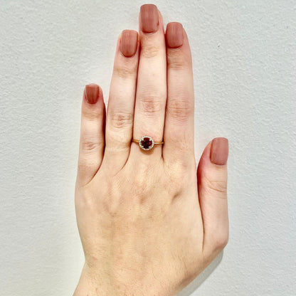 14K Round Garnet Halo Ring - Yellow Gold Garnet Ring - Gemstone Halo Ring - Garnet Promise Ring - January Birthstone Gift - Birthday Gift