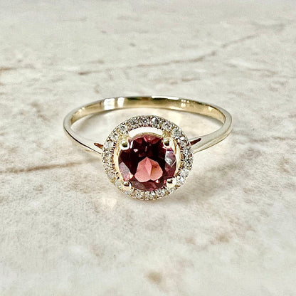 14 Karat Yellow Gold January Birthstone Round Garnet & Diamond Halo Ring - WeilJewelry