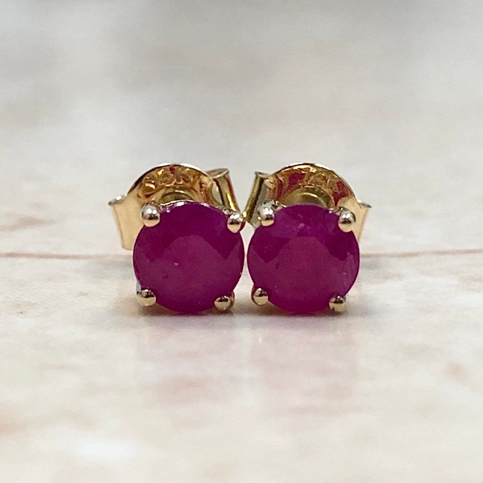 Natural Ruby Stud Earrings - July Birthstone - 14 Karat Yellow Gold - Genuine Gemstone - Push Backs - Birthday Gift