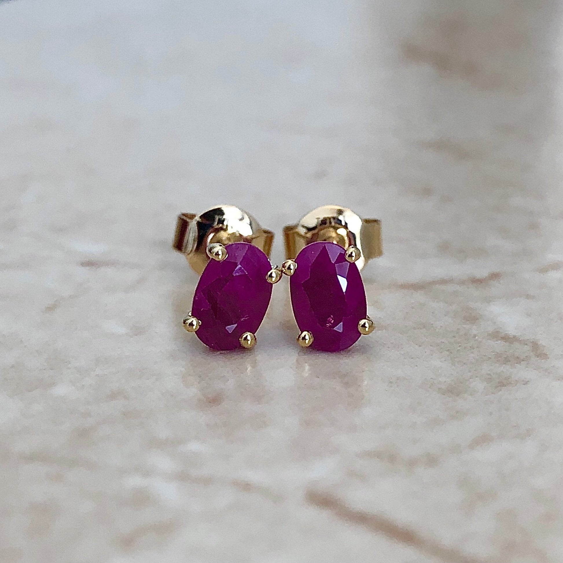 Natural Ruby Stud Earrings - 14 Karat Yellow Gold - July Birthstone - Genuine Gemstone - Push Backs