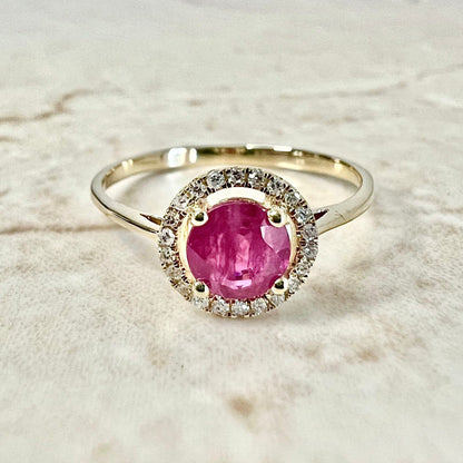 14K Round Ruby Halo Ring - Yellow Gold Ruby Ring - Natural Ruby Ring - Gemstone Halo Ring - Ruby Promise Ring -July Birthstone Gifts For Her
