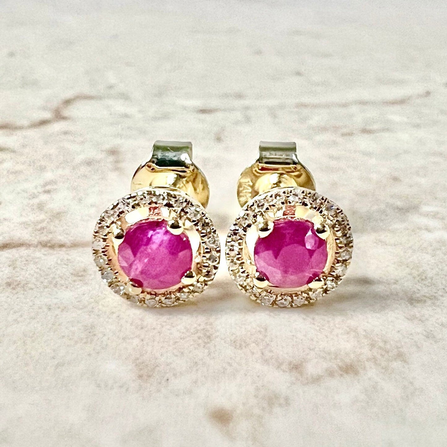 14K Round Ruby Halo Stud Earrings - Yellow Gold Ruby Studs - Gold Ruby Earrings - Genuine Ruby Halo Earrings - Best July Birthstone Gift