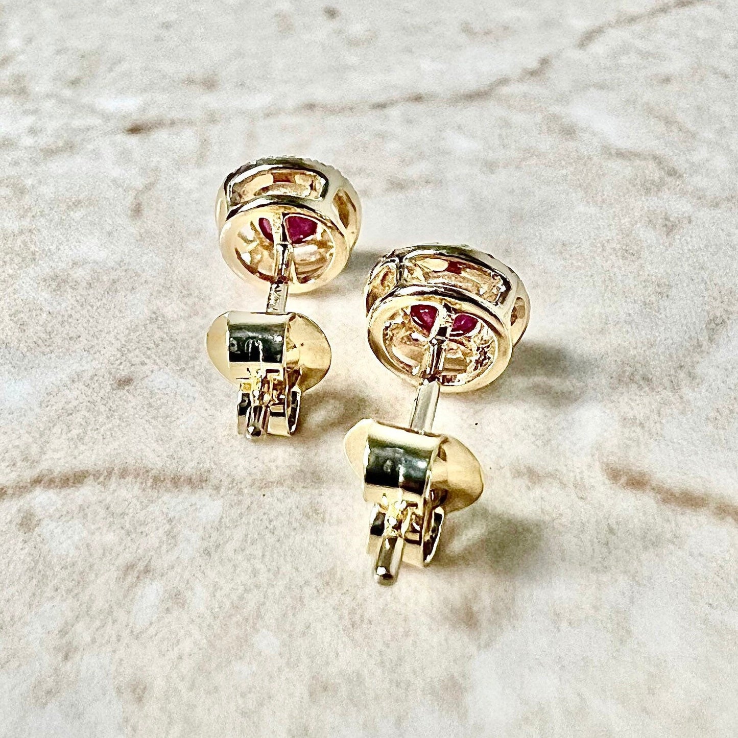 14K Round Ruby Halo Stud Earrings - Yellow Gold Ruby Studs - Gold Ruby Earrings - Genuine Ruby Halo Earrings - Best July Birthstone Gift