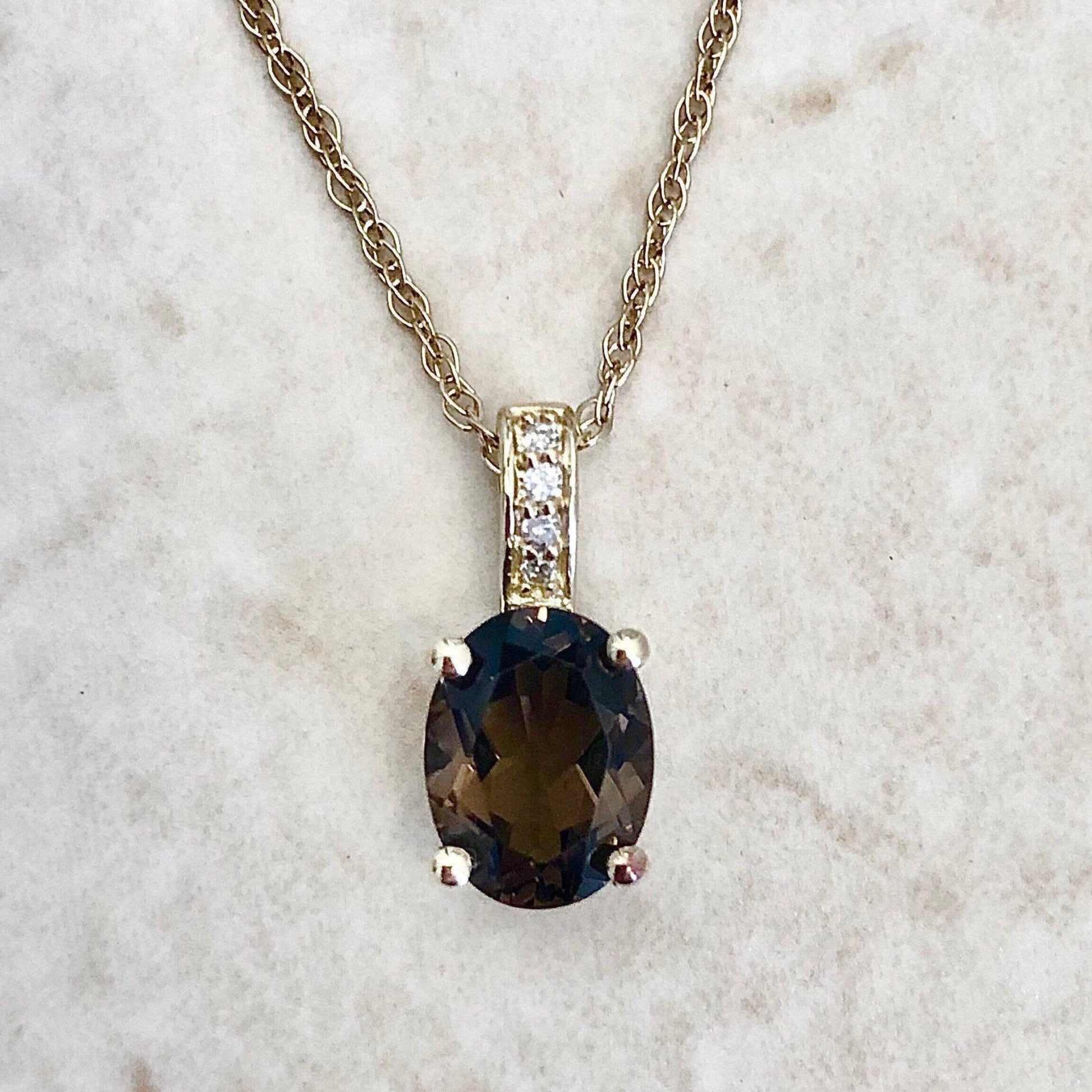 Smoky Quartz & Diamond Pendant Necklace - 14 Karat Yellow Gold Pendant Necklace - June Birthstone - Genuine Gemstone - 18” Chain