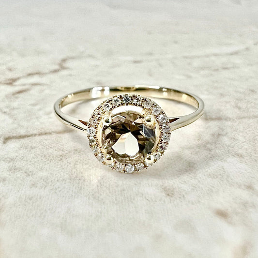 14K Round Smoky Quartz Halo Ring - Yellow Gold Smoky Quartz Ring - Gemstone Halo Ring - Smoky Quartz Promise Ring - June Birthstone Gift
