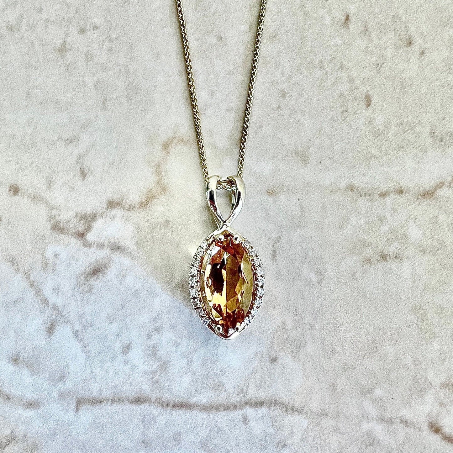 14 Karat Yellow Gold Marquise Citrine & Diamond Halo Pendant Necklace - WeilJewelry