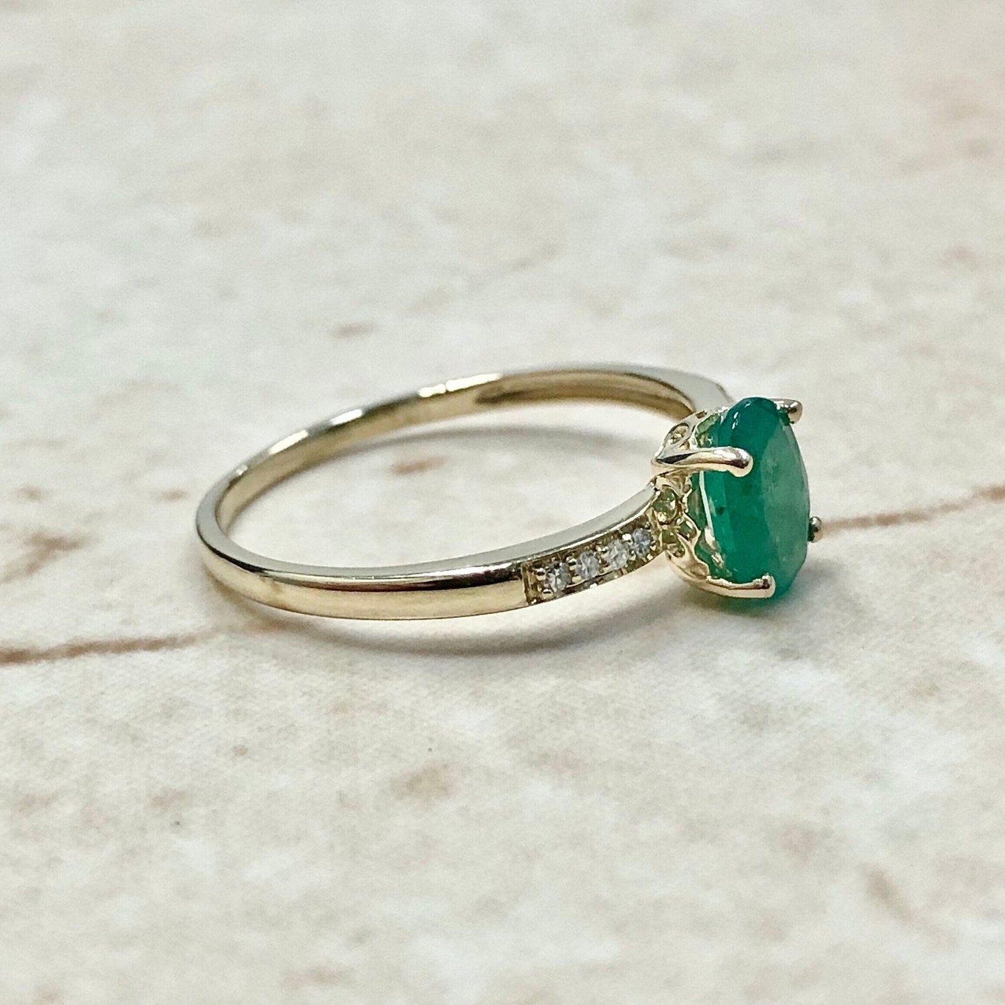 14 Karat Yellow Gold May Birthstone Natural Oval Emerald & Diamond Ring - WeilJewelry