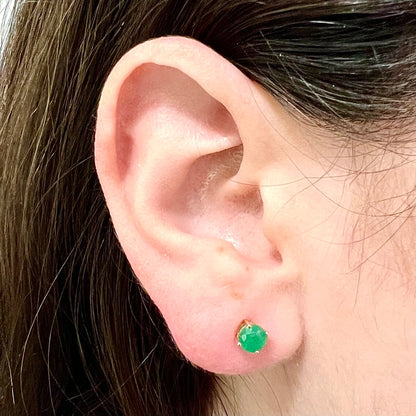 14 Karat Yellow Gold May Birthstone Natural Round Emerald Stud Earrings