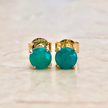 Natural Emerald Stud Earrings - 14 Karat Yellow Gold - May Birthstone - Genuine Gemstone - Push Backs