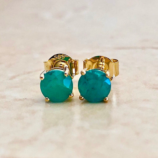 Natural Emerald Stud Earrings - 14 Karat Yellow Gold - May Birthstone - Genuine Gemstone - Push Backs