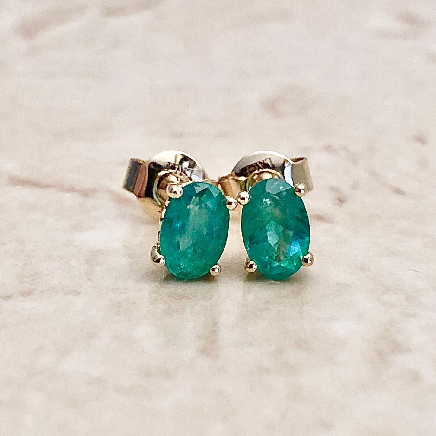 14 Karat Yellow Gold May Birthstone Oval Emerald Stud Earrings - WeilJewelry