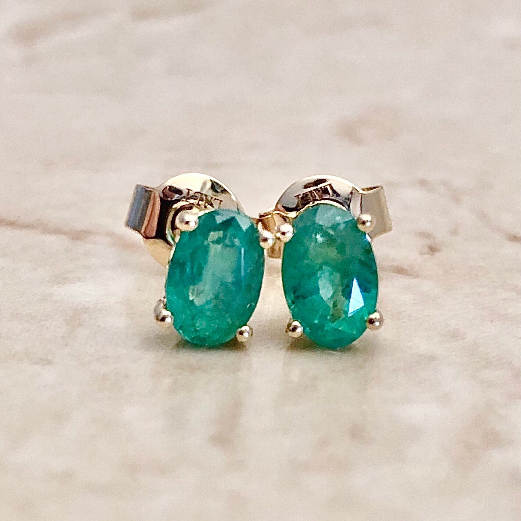 14 Karat Yellow Gold May Birthstone Oval Emerald Stud Earrings - WeilJewelry