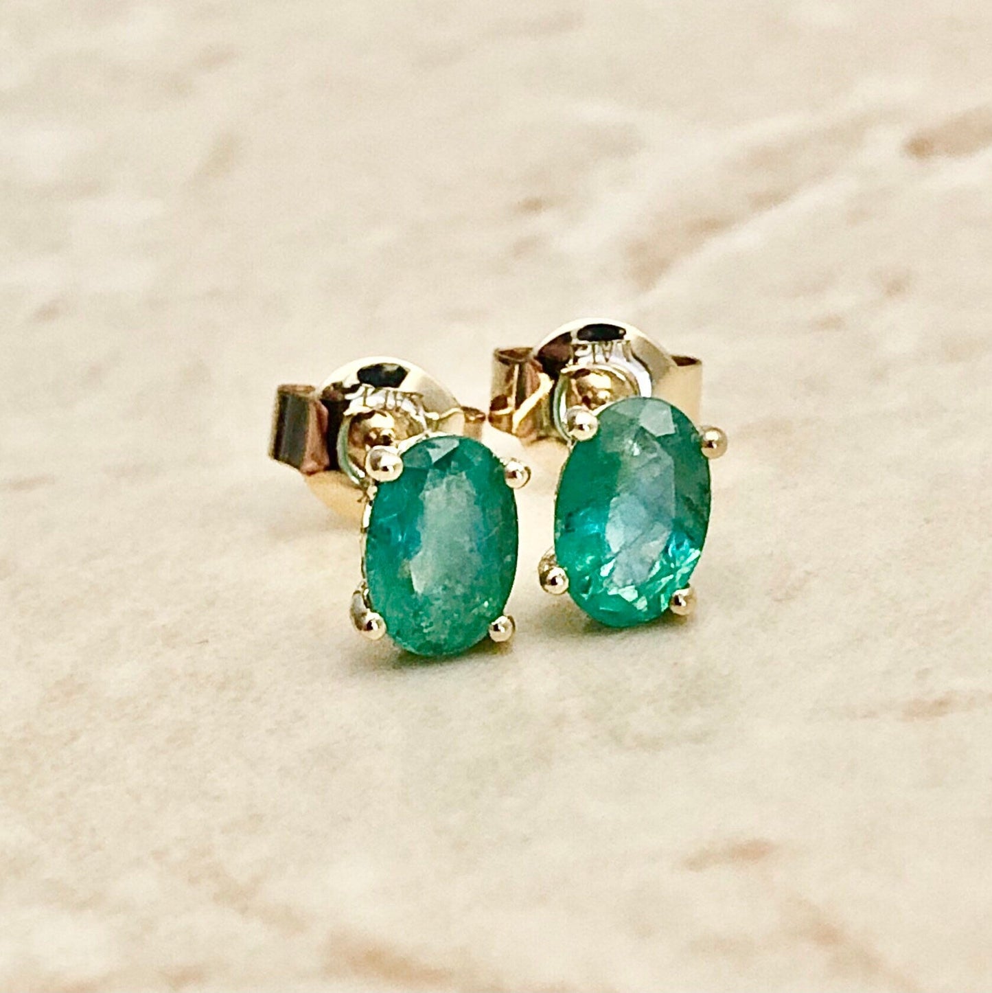 14 Karat Yellow Gold May Birthstone Oval Emerald Stud Earrings - WeilJewelry