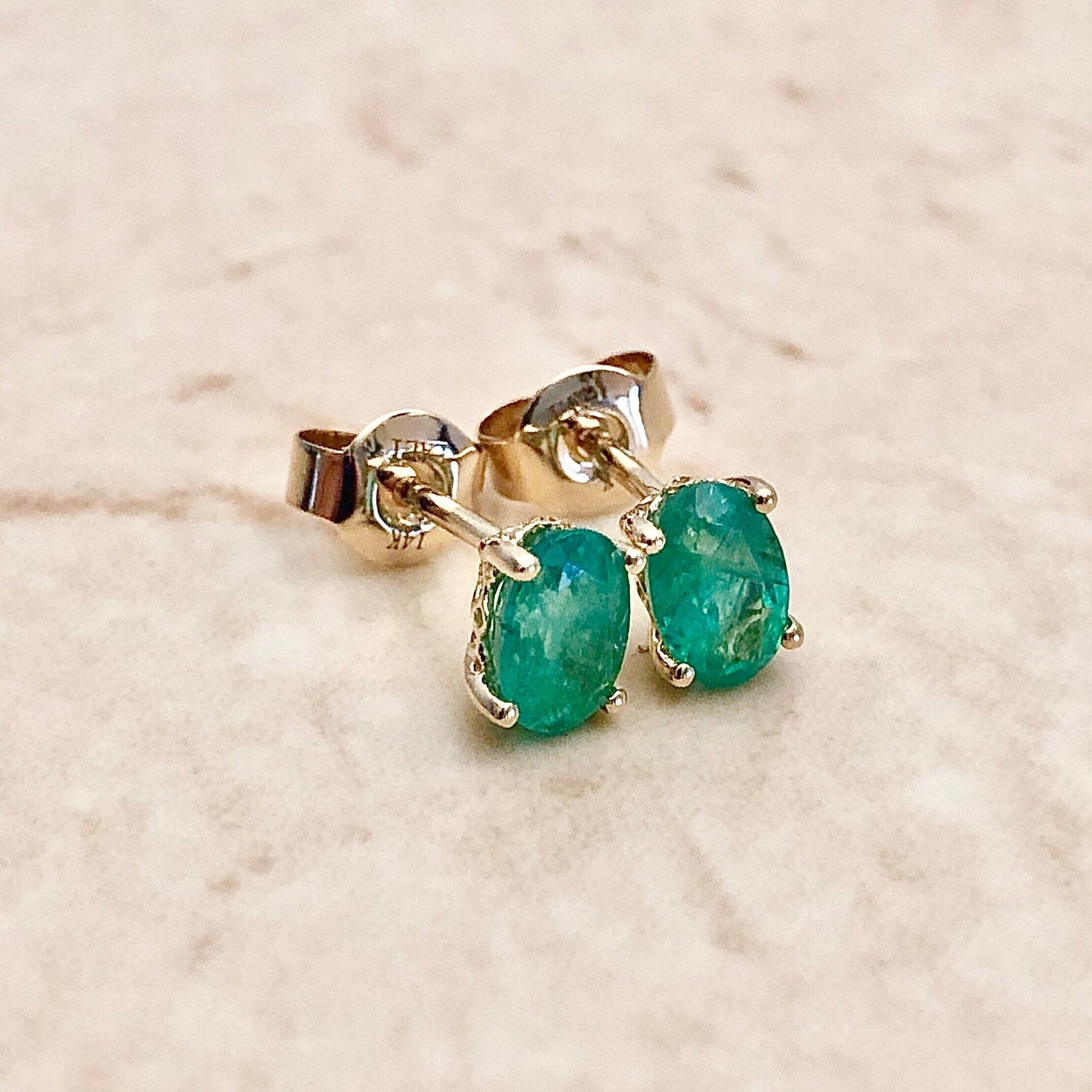 14 Karat Yellow Gold May Birthstone Oval Emerald Stud Earrings - WeilJewelry