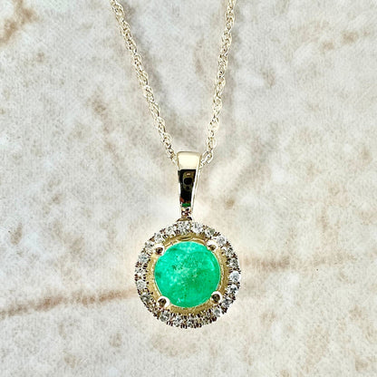 14K Round Emerald Halo Pendant Necklace - Yellow Gold Emerald Necklace - Emerald Halo Necklace - Natural Emerald Pendant-May Birthstone Gift