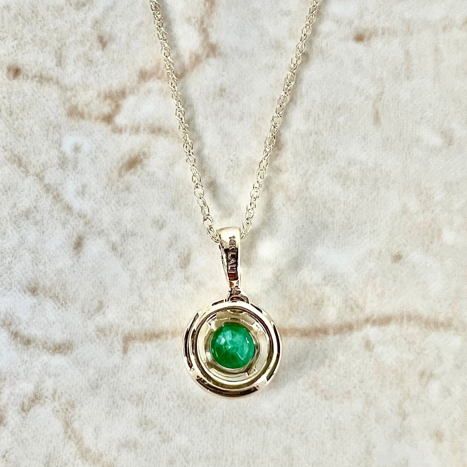 14K Round Emerald Halo Pendant Necklace - Yellow Gold Emerald Necklace - Emerald Halo Necklace - Natural Emerald Pendant-May Birthstone Gift
