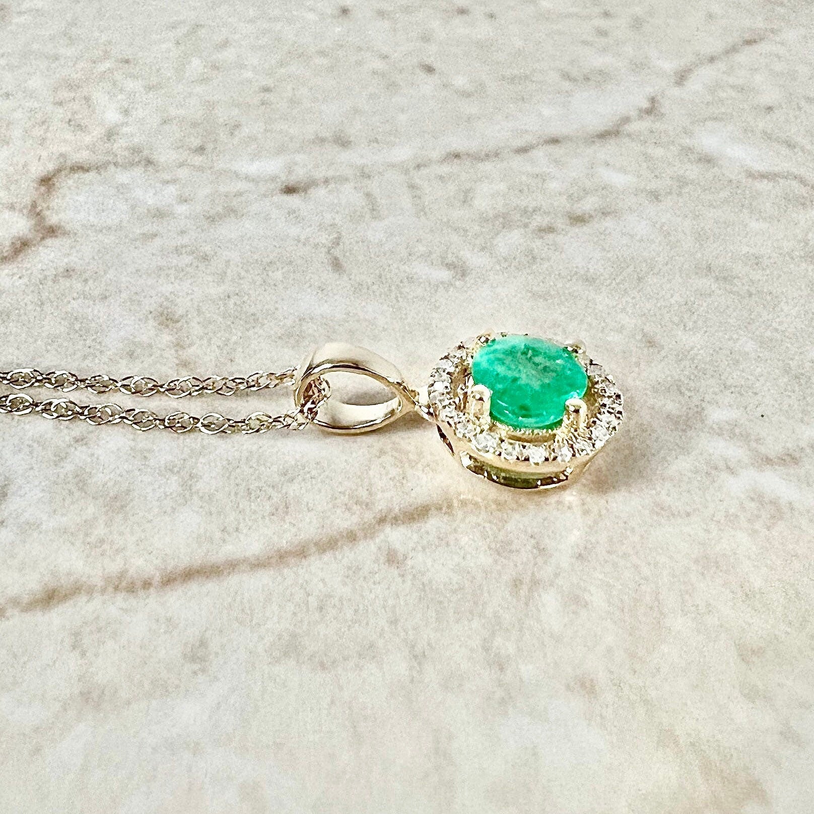 Natural Emerald Pendant Necklace, 4mm Round Gemstone Jewelry, 14k Solid Gold Diamond Pendant, May Birthstone Jewelry for factory Women, Gift for Her