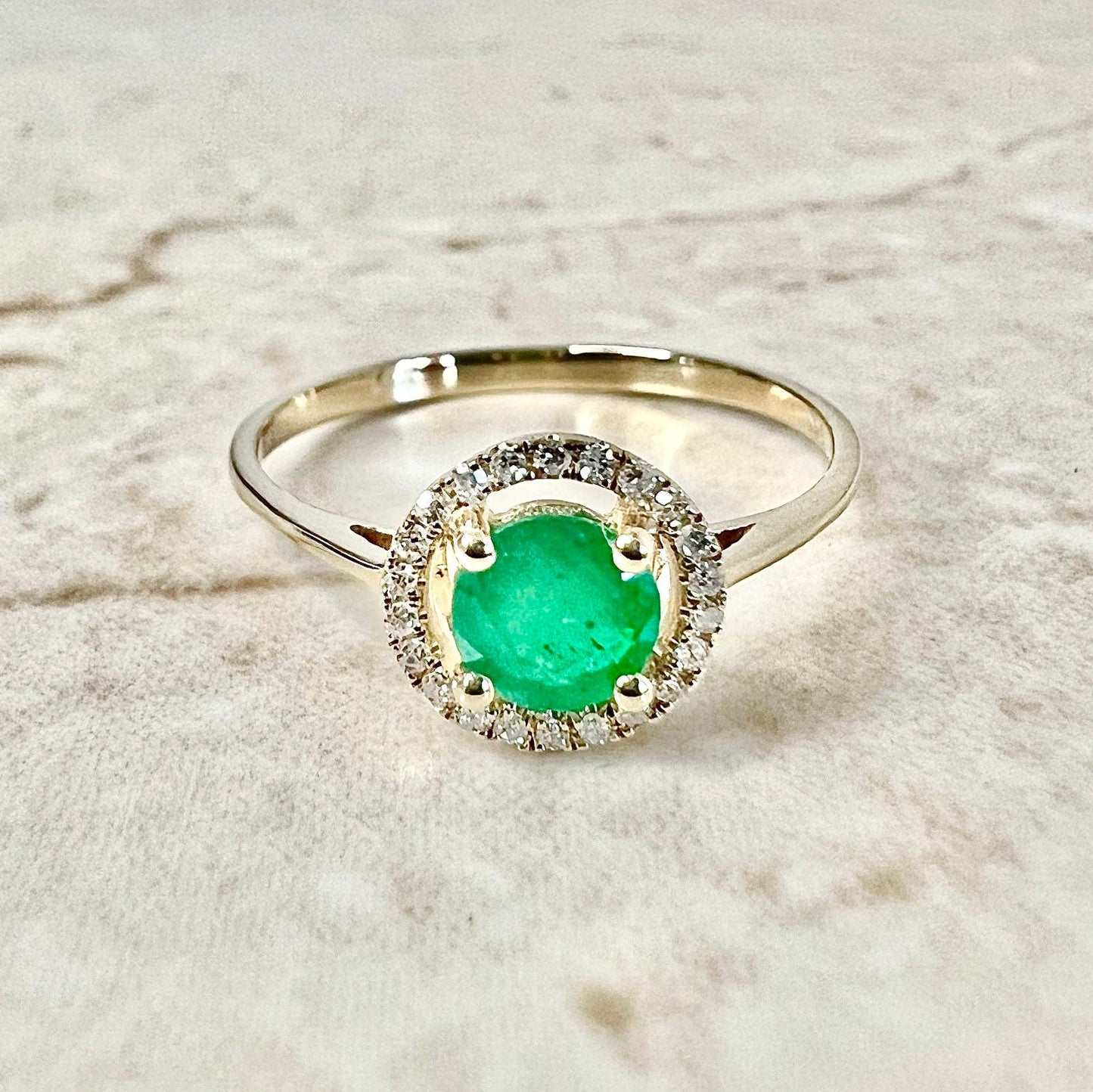 14K Round Emerald Halo Ring - Yellow Gold Emerald Ring - Gemstone Halo Ring - Natural Emerald Promise Ring-May Birthstone Gift-Birthday Gift
