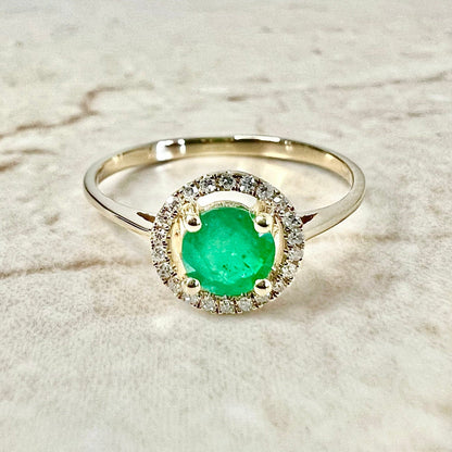 14K Round Emerald Halo Ring - Yellow Gold Emerald Ring - Gemstone Halo Ring - Natural Emerald Promise Ring-May Birthstone Gift-Birthday Gift