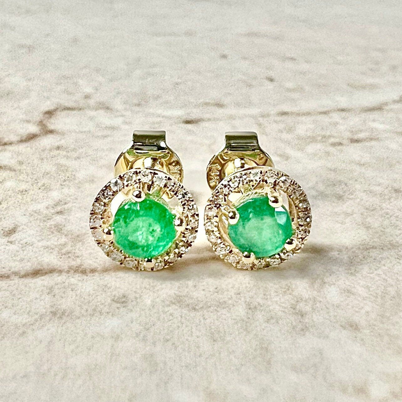 14K Round Emerald Halo Stud Earrings - Yellow Gold Emerald Studs - Gold Emerald Earrings - Genuine Emerald Halo Earrings-May Birthstone Gift