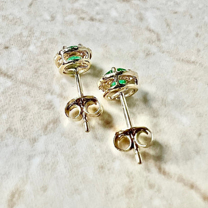 14K Round Emerald Halo Stud Earrings - Yellow Gold Emerald Studs - Gold Emerald Earrings - Genuine Emerald Halo Earrings-May Birthstone Gift