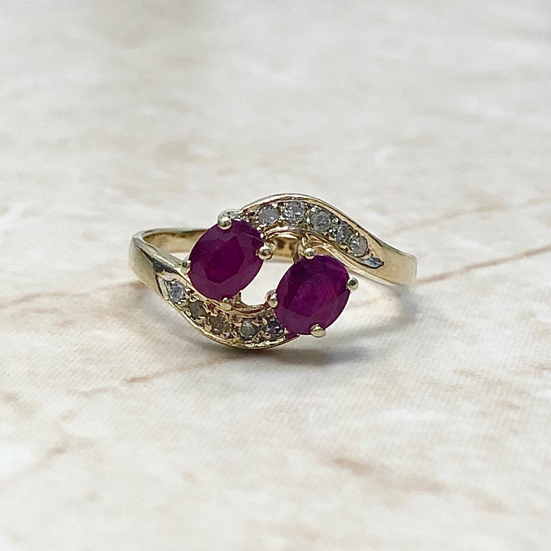 Natural Ruby & Diamond Toi Et Moi Ring - 14 Karat Yellow Gold - Bypass Cocktail Ring - July Birthstone - Anniversary Ring - Promise Ring