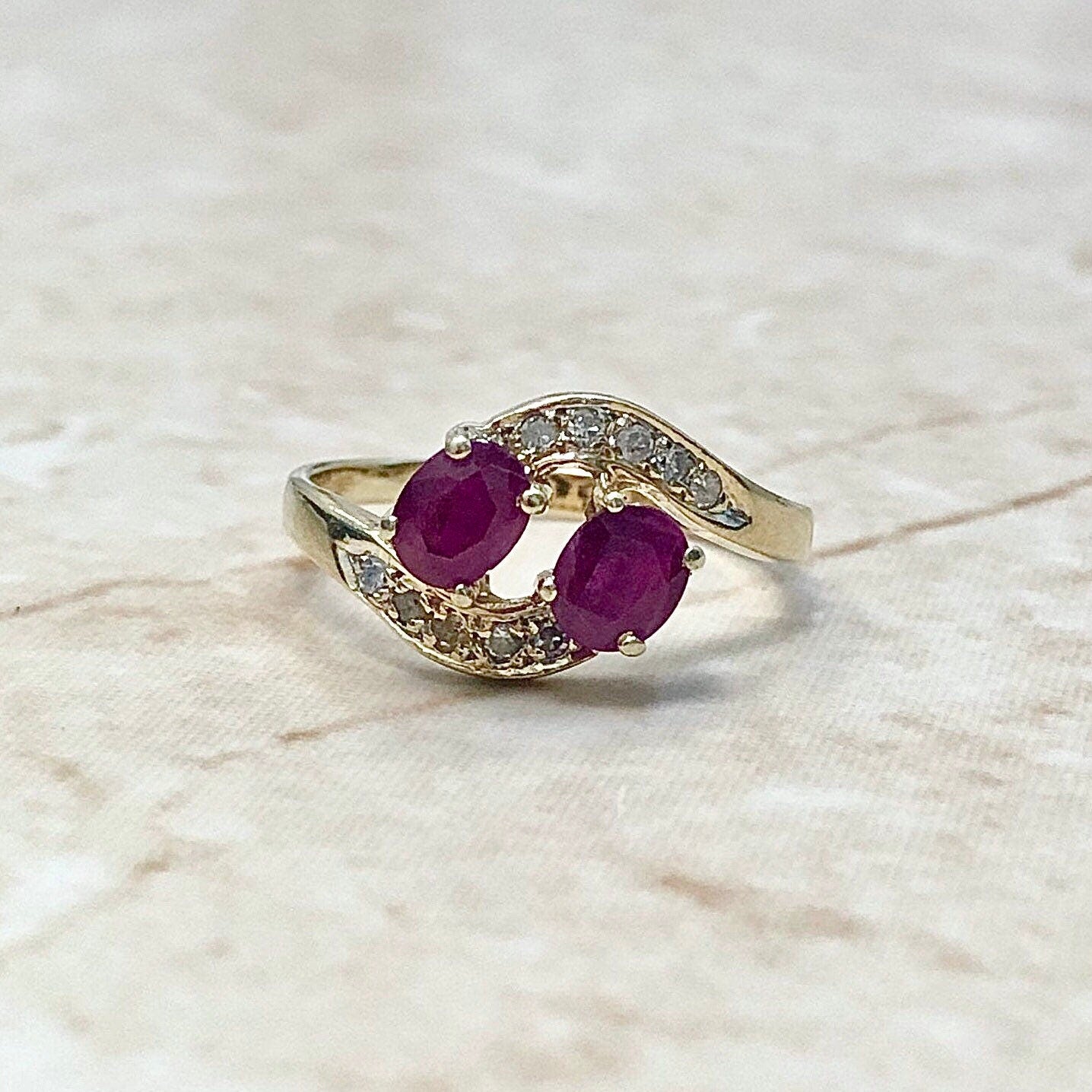 Natural Ruby & Diamond Toi Et Moi Ring - 14 Karat Yellow Gold - Bypass Cocktail Ring - July Birthstone - Anniversary Ring - Promise Ring
