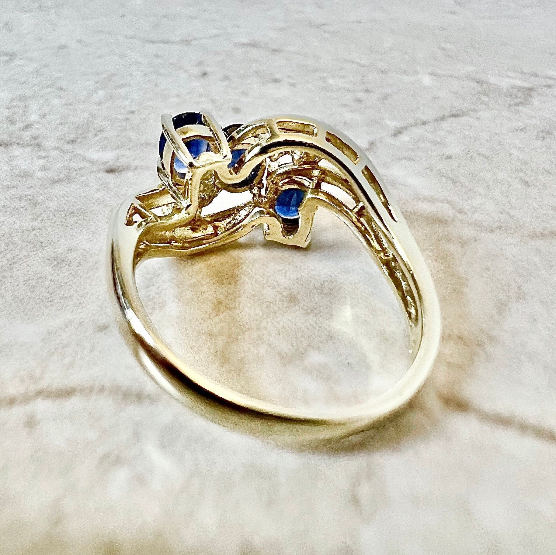 14K Natural Sapphire & Diamond Cocktail Ring - Yellow Gold Three Stone Ring - Genuine Gemstone - September Birthstone - Birthday Gift