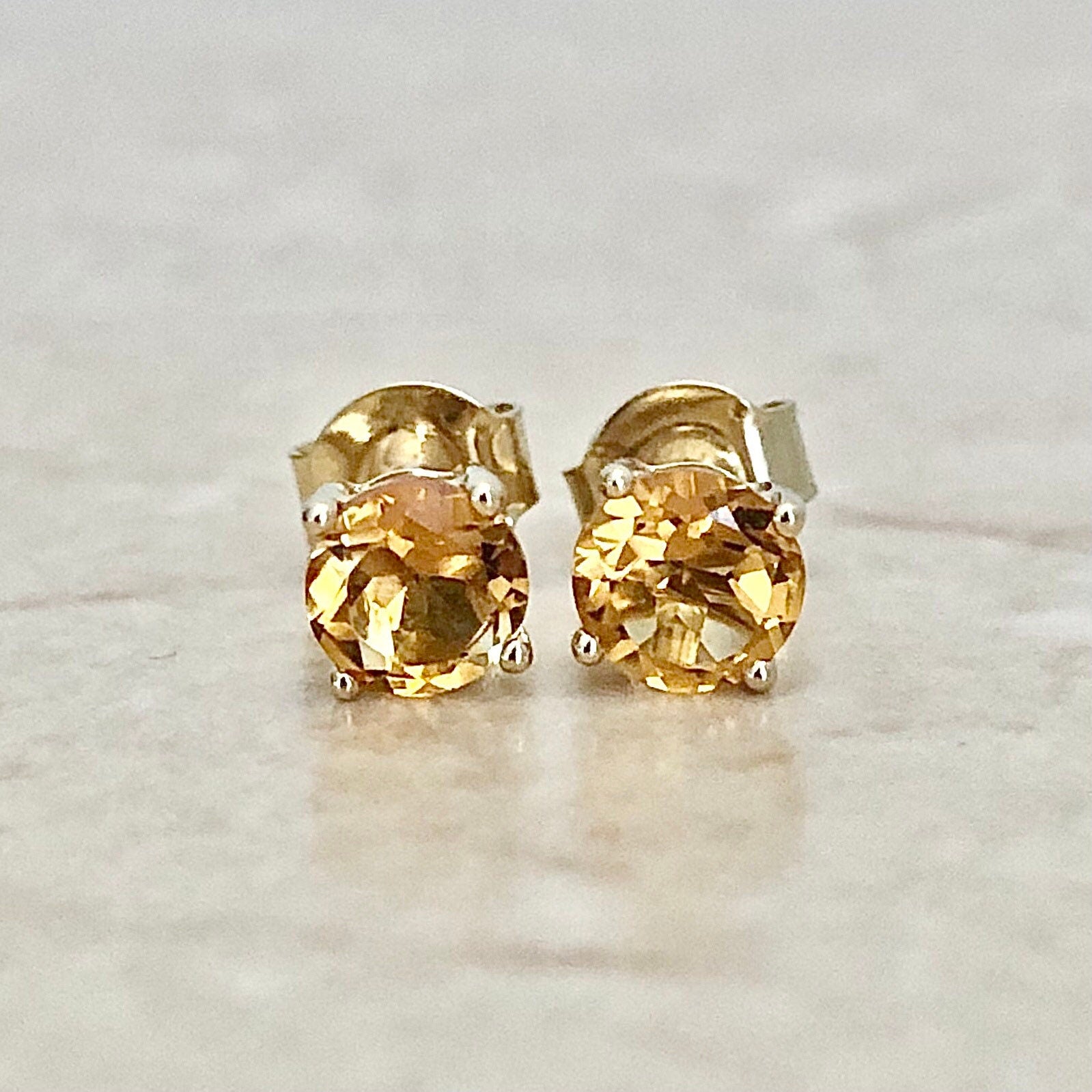 Round Citrine Stud Earrings - 14 Karat Yellow Gold - November Birthstone - Genuine Gemstone - Push Backs - Birthday Gift
