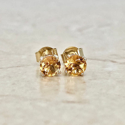 Round Citrine Stud Earrings - 14 Karat Yellow Gold - November Birthstone - Genuine Gemstone - Push Backs - Birthday Gift