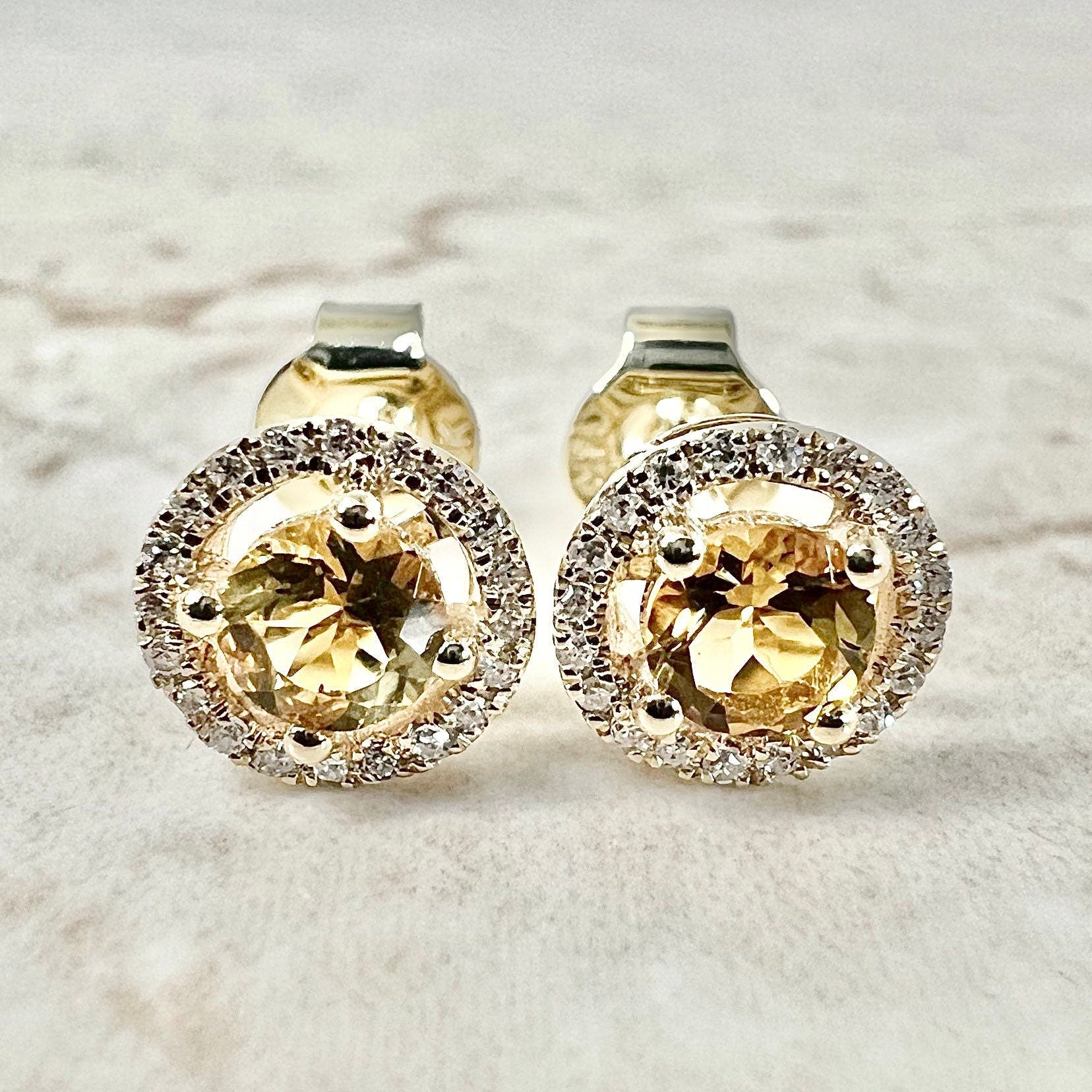 14 Karat Yellow Gold November Birthstone Round Citrine & Diamond Halo Stud  Earrings