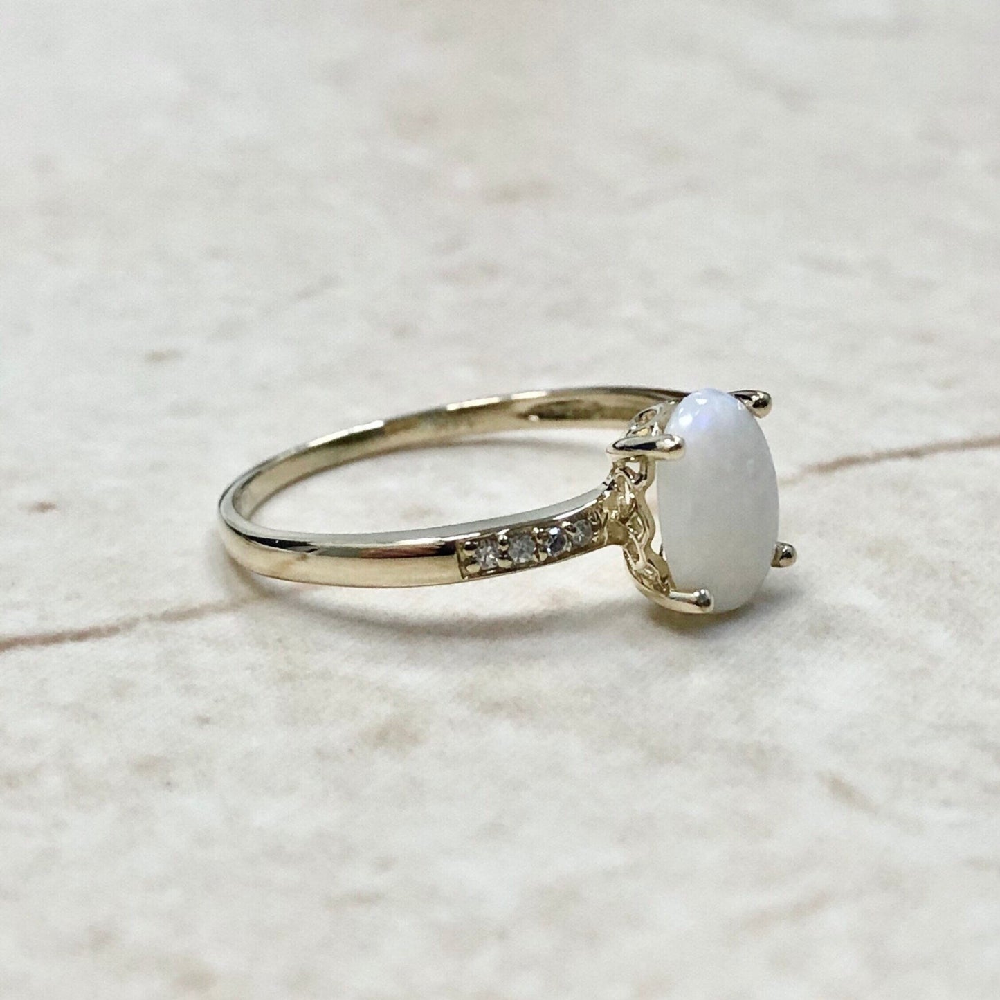 14K Natural Opal & Diamond Ring - Yellow Gold Opal Solitaire Ring - October Birthstone - Birthday Gift - Best Gift For Her - Jewelry Sale