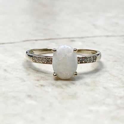 14K Natural Opal & Diamond Ring - Yellow Gold Opal Solitaire Ring - October Birthstone - Birthday Gift - Best Gift For Her - Jewelry Sale