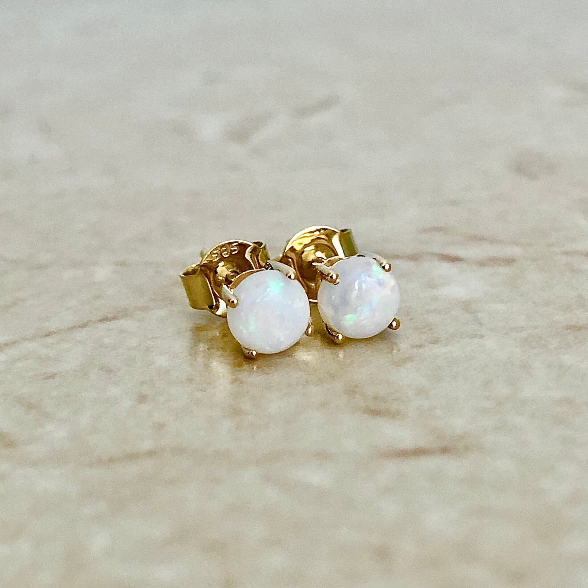 14K Round Opal Stud Earrings - Yellow Gold Opal Studs - Gold Opal Earrings -Genuine Opal-Round Opal Earrings-October Birthstone Gift For Her